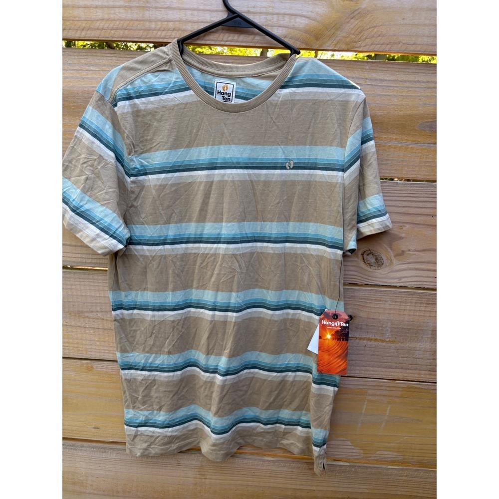 Hang Ten Jordan Mens Striped T-Shirt Khaki Blue Teal Cotton Crewneck SU0103406 M - Picture 2 of 8
